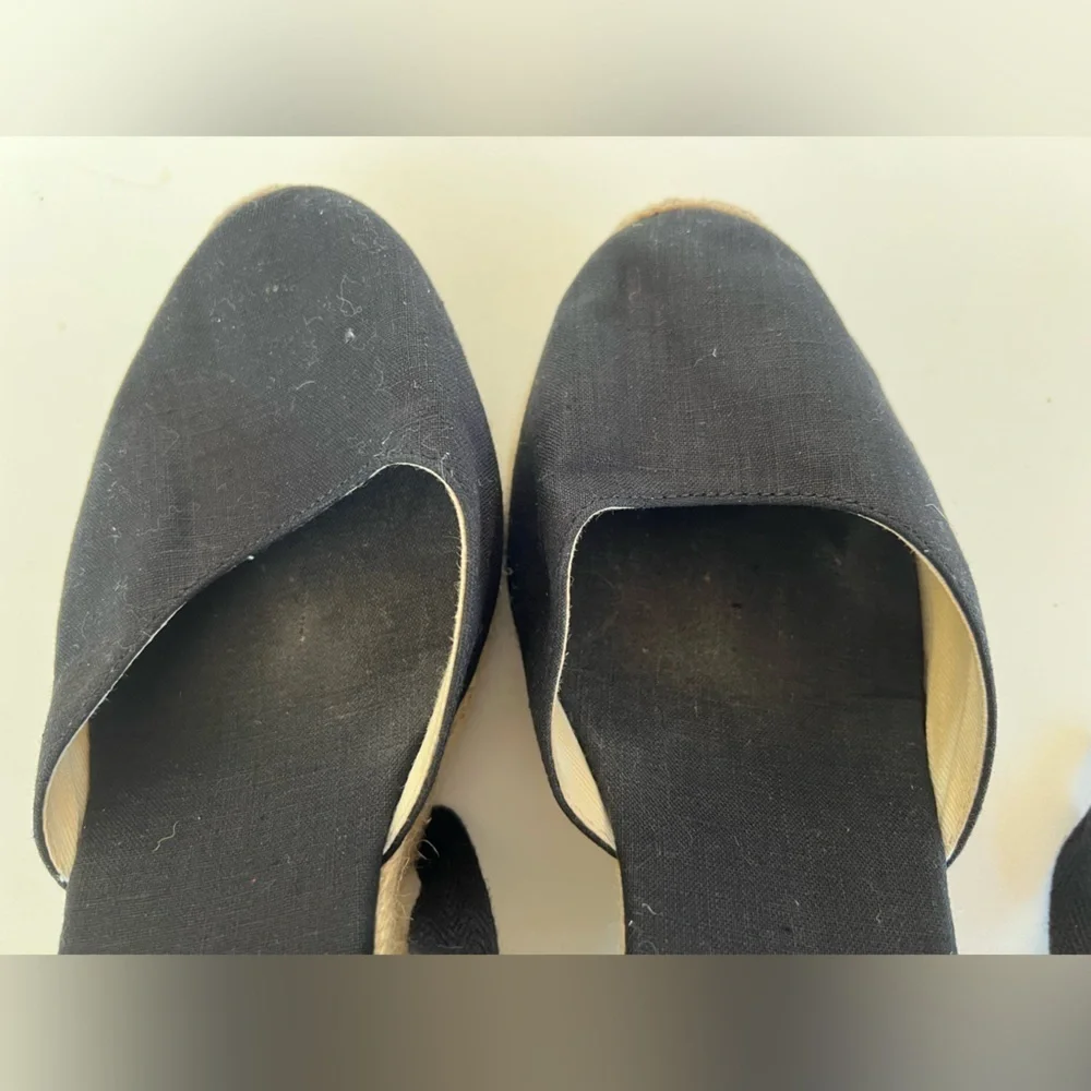 Soludos Marseille Ankle Tie 3.5” Jute Wedge Black Linen, size 10